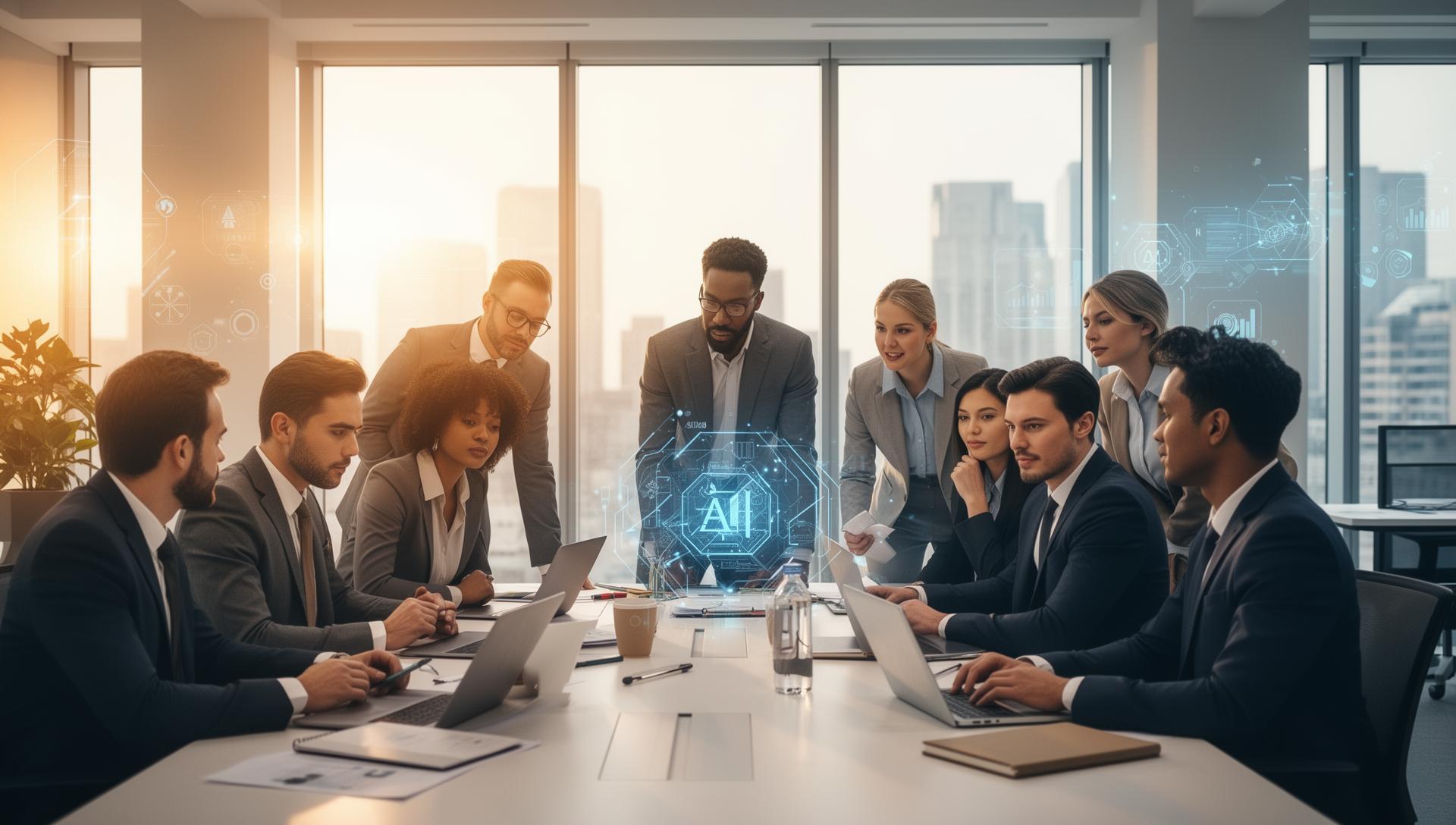 Team collaborating with AI technology