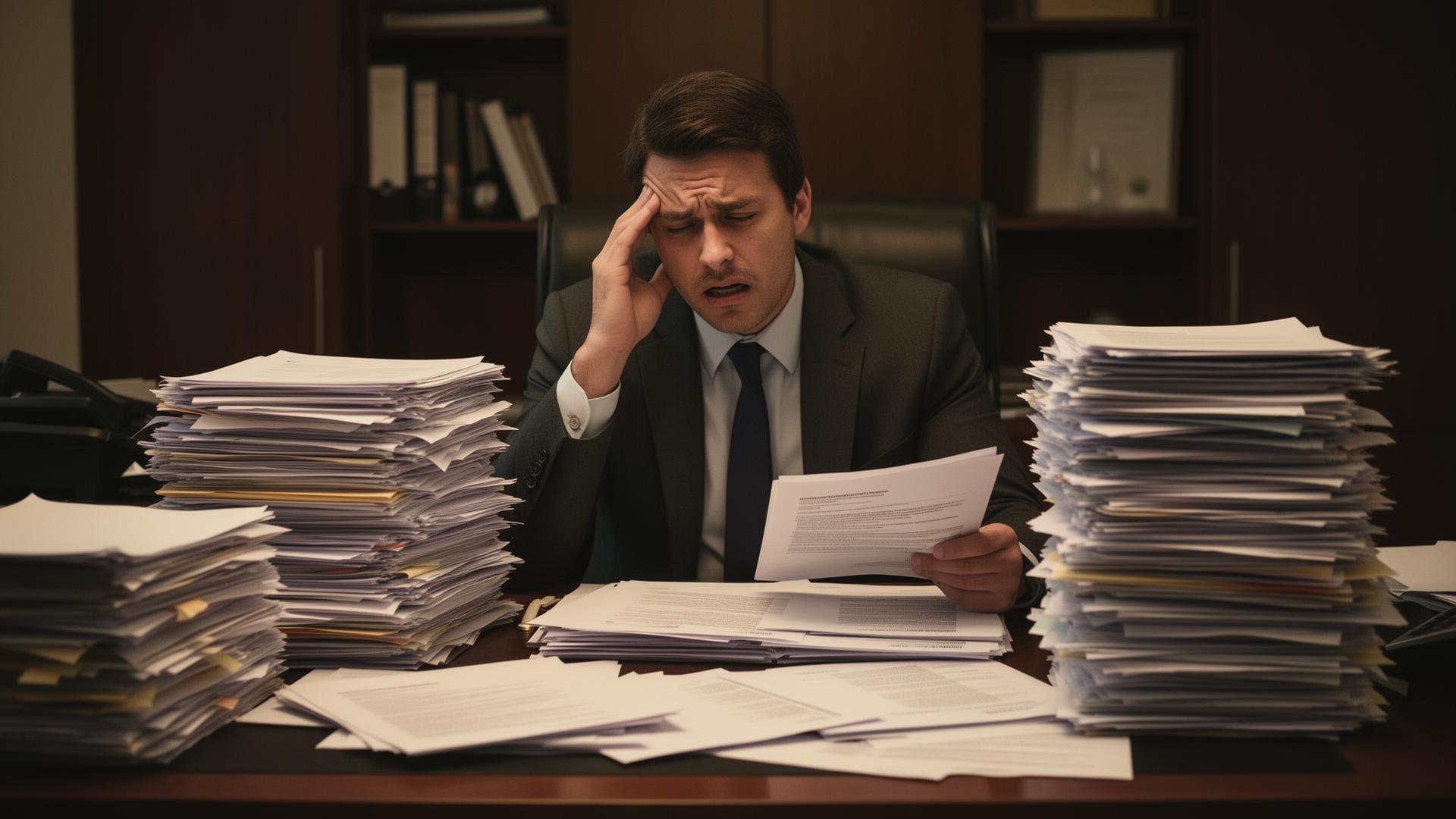 Recruiter overwhelmed by stacks of resumes and applications