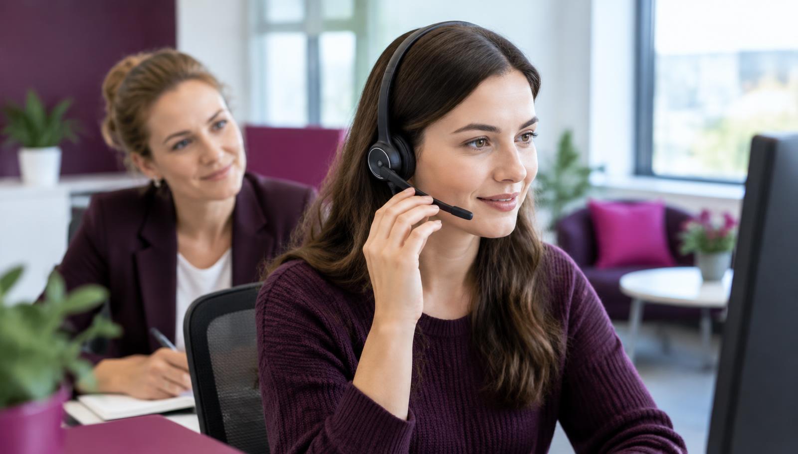Neue Mitarbeiterin im Kundenservice übt ein Gespräch mit Headset, begleitet von einer Kollegin