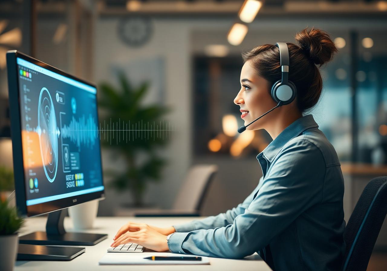 Customer service agent on a call with AI voice assistant overlay